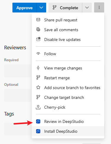 Review in DeepStudio and Install DeepStudio actions in the pull request menu